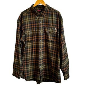 Wolverine Long Sleeve Button Down Green Plaid Double Pocket Collared Shirt. XXL.